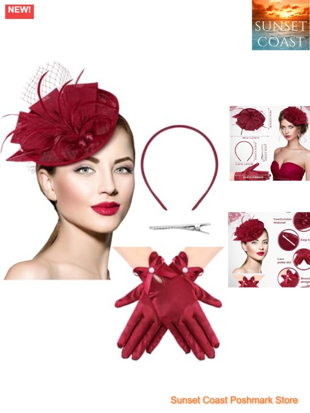 Fascinator Veil Hat with Lace Gloves Set Pillbox Headpiece